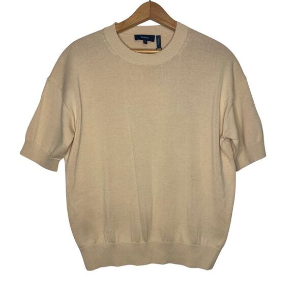 Theory Tops - New Theory Short Sleeve Sweater Tee Wood Ash Beige Tan Cotton Size Small Preppy
